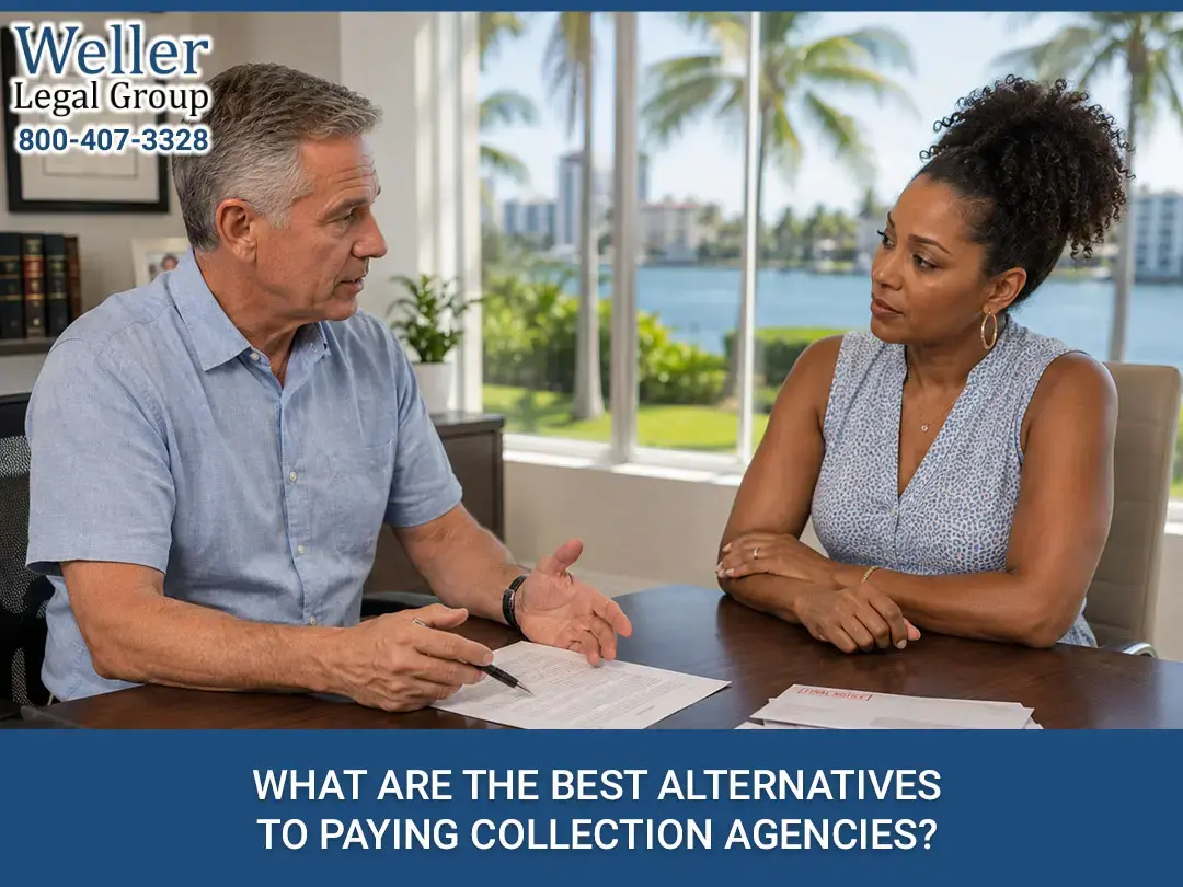 Two people talking across a table with papers in an office overlooking palm trees and water
